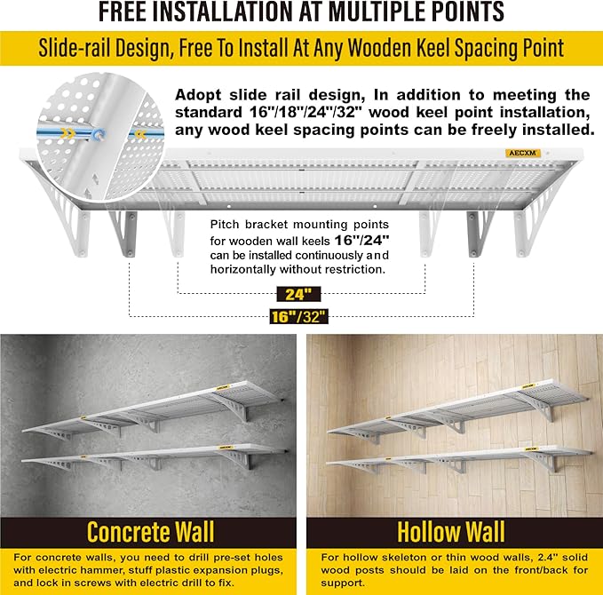 4-pack 1.64x4ft Adjustable Garage Wall Shelving 1120lbs Load Capacity Heavy Duty Wall Mounted Storage Shelf Metal Floating Shelves for Garage(White)