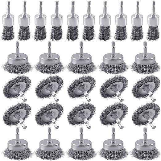 30 Pack Carbon Steel Wire Wheel Brush, Rocaris Cup Brush, Wheel Brush, Pen Brush Set with 1/4-Inch Hex Shank for Rust Removal, Corrosion and Scrub Surfaces