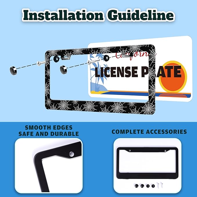 Spider Web License Plate Frame Gothic Style License Plate Holder Halloween for Front or Rear Car Tags Reusable Stainless Steel Funny Car Decoration with Screws 6.3 X 12.2 in