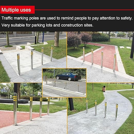 Stainless Steel Parking Bollards for Driveway, Industrial Safety Bollards Reflective Channelizer Post, Parking Barrier, Sturdy and Durable, Easy to Install, for Crowd Control(Silver (1pcs),8.9*100cm/3