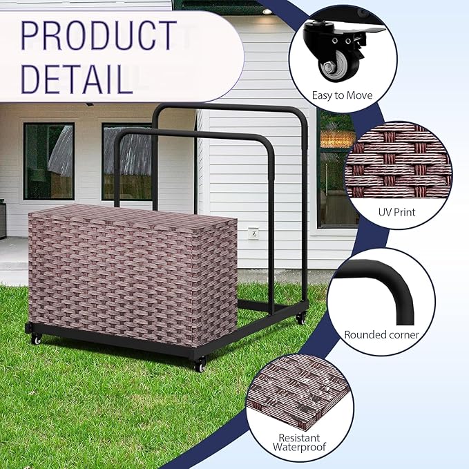 Pool Storage, All-Weather Float Storage Organizer for Cushions, Pool Float Storage Bin with Wheels, Waterproof Metal with Rattan Pattern UV Print Outdoor Pool Towel Rack, Brown