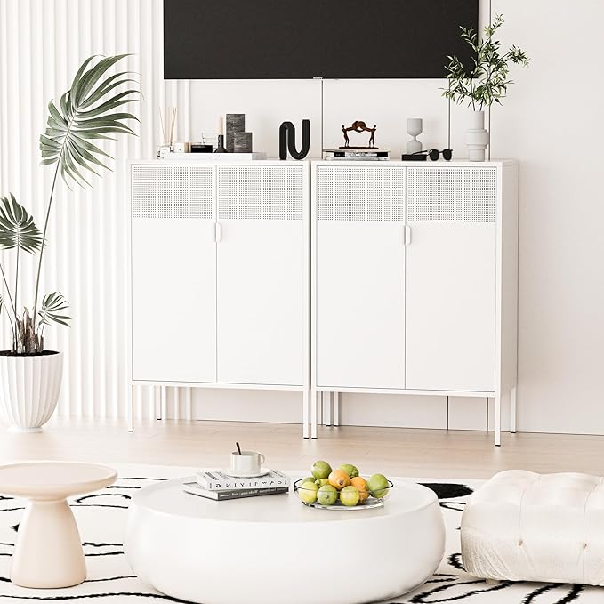 2 Mesh Door Metal Storage Cabinet with Adjustable Shelves, Multipurpose White Storage Cabinet, 3-Tier Office Cabinet,Metal Storage Cabinet for Office Home,Hallway (White, 47''H)
