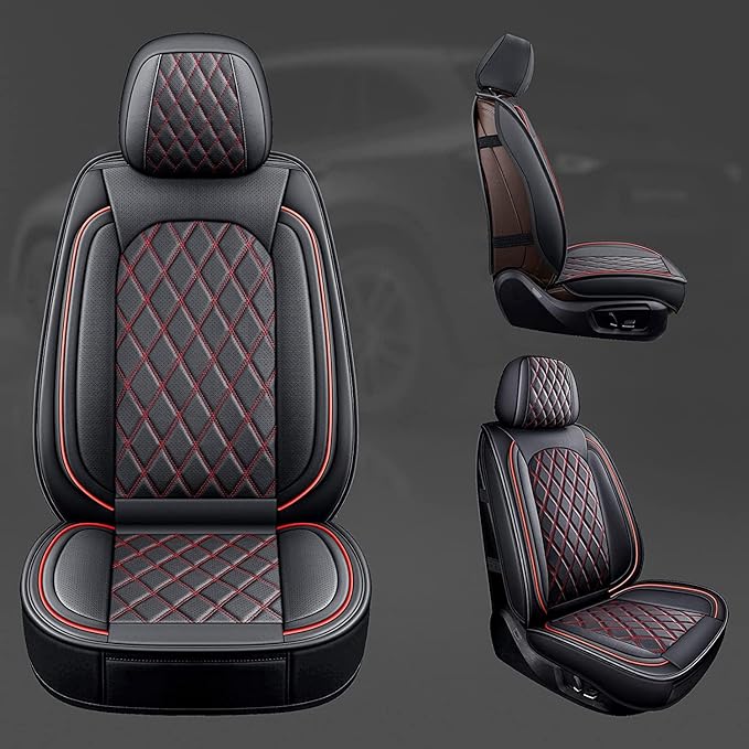 MIROZO Front Ram Seat Covers,2PCS Leather Dodge Ram Seat Covers Compatible with 2009-2025 RAM 1500 2500 3500 Truck Pickup Crew Quad Cab (2PCS Front,Black and Red)
