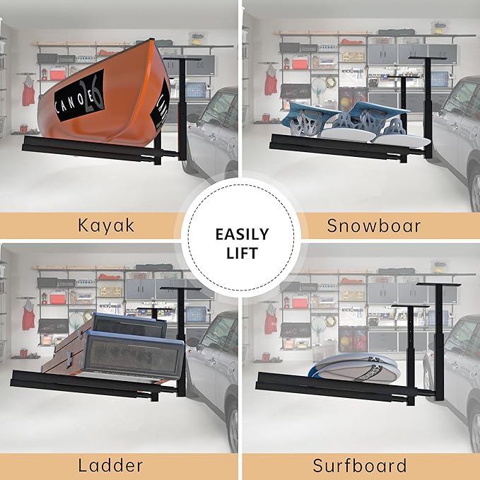 Adjustable Ladder Ceiling Rack, Kayak Overhead Garage Storage Rack, Garage Ceiling Storage for Kayak, Ladder, Surfboard, Snowboar Overhead Hanger, Holds 150 lbs, Black