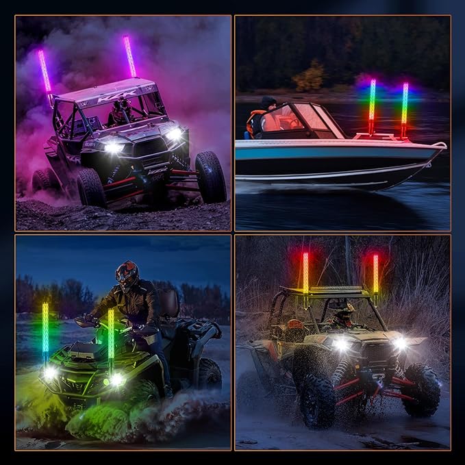 2PCS 2FT Fat Whip Lights for UTV ATV with Spring Base, Led Fatty Whip Light W/Rocker Switch & 6 Flags, Brighter Spiral Chasing Lighted Antenna Whip with APP & Remote Control for RZR SXS Can-Am