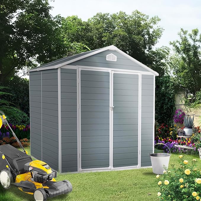 6x8 FT Outdoor Storage Shed, Resin Garden Shed with Thick Floor, Plastic Storage Shed with Window, Waterproof Outside Tool Shed with Lockable Hinged Doors for Backyard, Patio, Lawn, Light Gray
