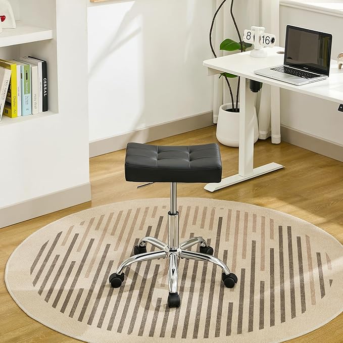 Office Stool with Wheels (300lbs Capacity) (Adjustable Height 17-21 inch) Black Faux Leather Workbench Stool (Black)