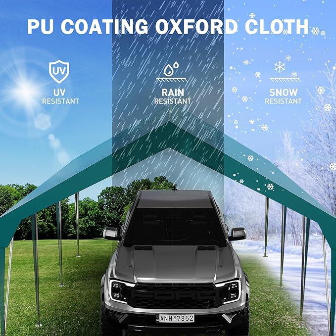 10x20ft Heavy Duty Carport Outdoor Car Canopy UV Resistant Waterproof Party Tent All-Season Portable Garage Gazebo Shelter for Car, Storage Shed (Dark Green)