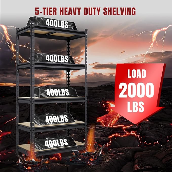 BIG RED 5 Tier Heavy Duty Garage Storage Shelving: Adjustable Metal Utility Shelving Rack for Garage, Basement, Pantry, Closet - 2,000lb Capacity (72"x36"x18") Black