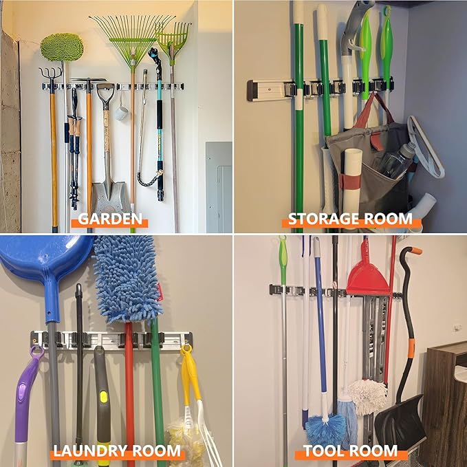 Broom Holder Wall Mount Mop and Broom Hanger Wall Mounted Garage Storage Rack Kitchen Garden Tool Organizer (5 Racks with 4 Hooks, Black)