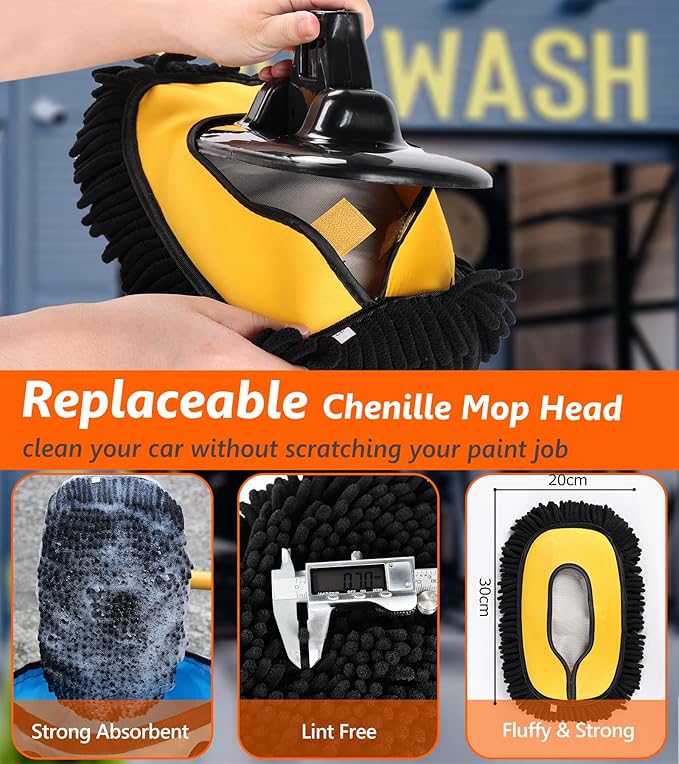 56.7" Car Wash Brush Mop Kit Microfiber Car Washing Sponge Mitt with Long Handle Car Cleaning Supplies Tools RV Washing Duster Exterior Scratch Free, Chenille Replacement Head Extension Pole