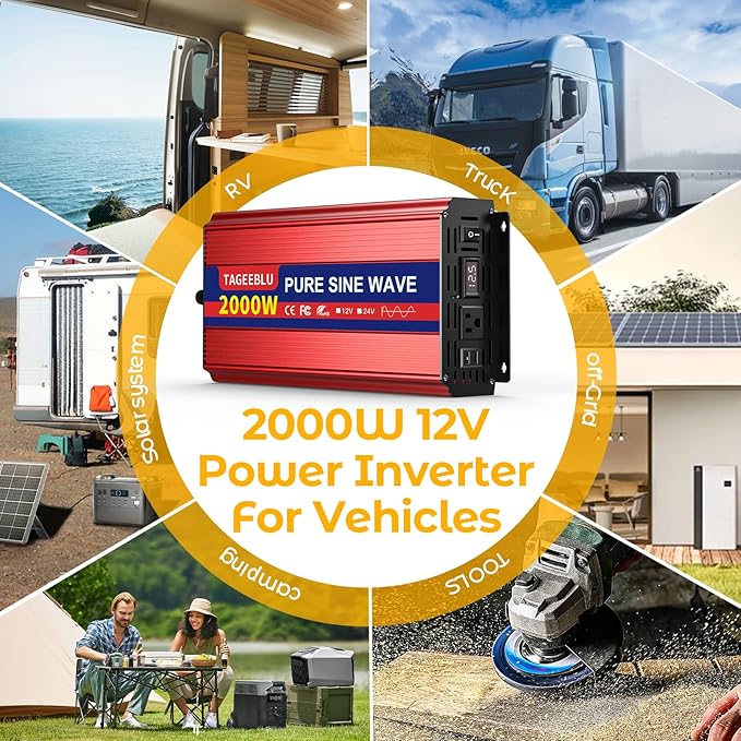 2000W Pure Sine Wave Inverter, 12V DC to 110V/120V AC Power Inverter for RV、Microwave、Off Grid、Truck、Refrigerator、with 2 AC outlets and LCD Display