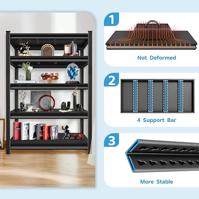 3000LBS Garage Storage Shelves Heavy Duty, 48" W x 24" D x 78" H,5-Tier Garage Shelving Heavy Duty, Industrial Metal Shelving Units for Garage, Basement,Fish Tank,Black