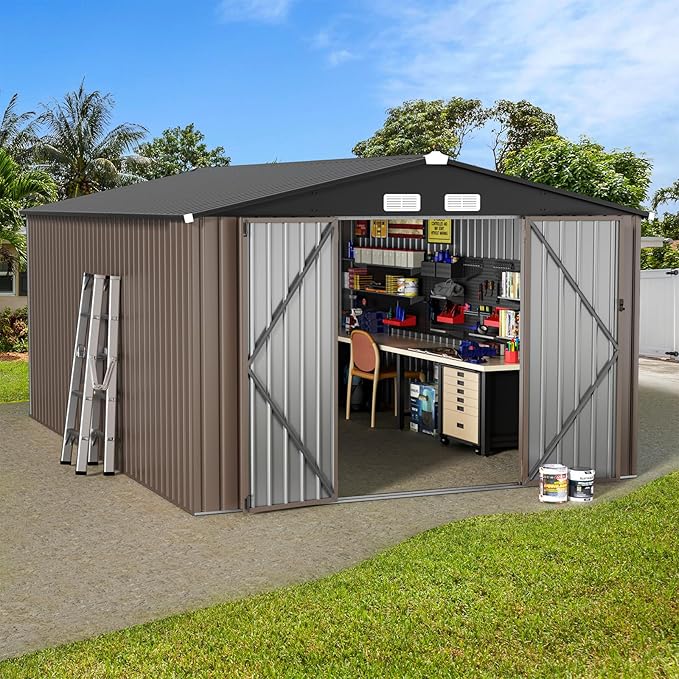 GVDV 10x14 FT Outdoor Metal Storage Shed, Durable Garden Shed with Updated Frame Structure for Backyard, Patio, Tool Storage, All-Weather Shelter for Bike, Gardening Tools, Lawn Mowers