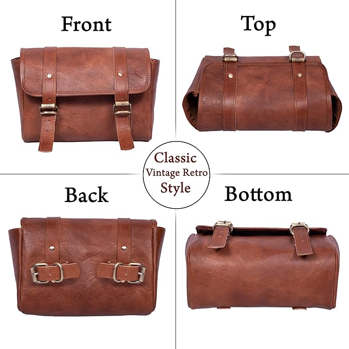 Genuine Leather Large Capacity Saddle Bag For Motorcycle Side Pouch Accessories Storage Panniers Motorbike Universal Handmade Saddlebags For Bike Commuters Handlebar Bicycle Brown Leather Tool Bag