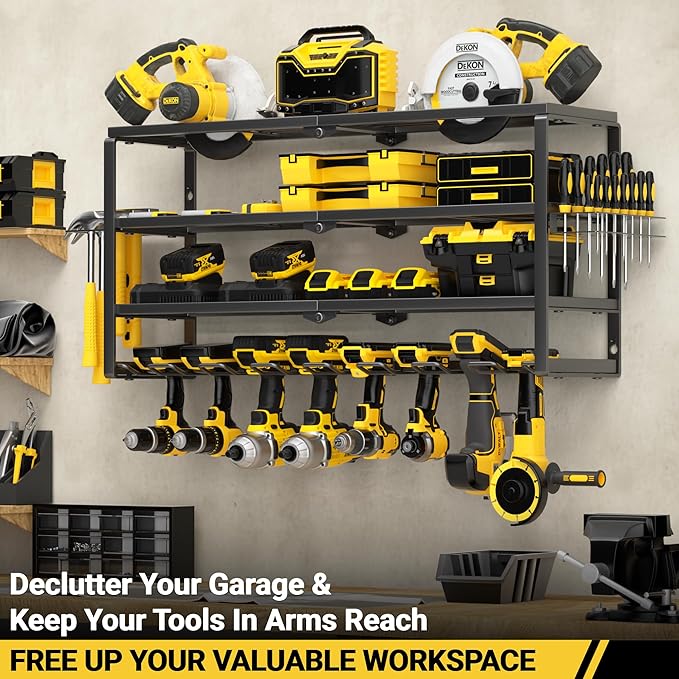 YYR 4 Layer Power Tool Organizer Wall Mount, Cordless Drill Hanger Storage Rack, Battery Tools Holder with Charging Station Shelf for Garage Organization, Workshop, Pegboard, Shed - 32 Inch 8 Slots