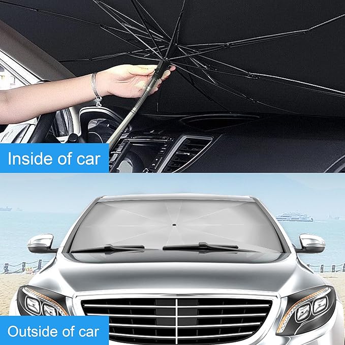 Windshield Sun Shade Umbrella, Portable Foldable, Spring Structure Wind Shield, Front Window Sunshade, Protect from Sun Rays Car Windshield, Universal for Any Car (61'' x 33.4'')