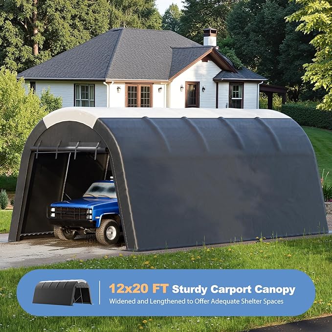 Carport 12x20 ft Heavy Duty w/Translucent Roof, All-Season Waterproof UV Protected Outdoor Car Ports w/Reinforced Metal Frame Ventilated Doors,Portable Garage Car Shelter for Boat Truck Yacht
