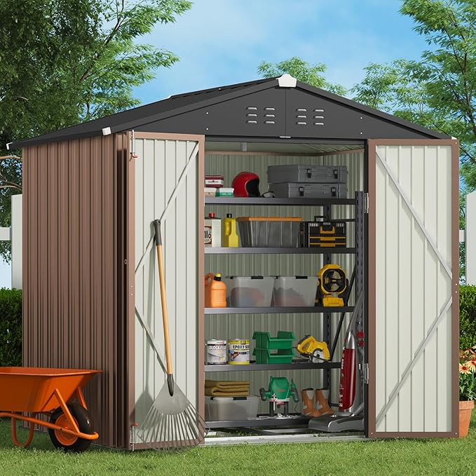 Gizoon Outdoor Storage Shed 8 x 6 FT, Galvanized Metal Garden Shed with Double Lockable Doors, Outdoor Storage Clearance for Backyard Patio Lawn-Light Brown