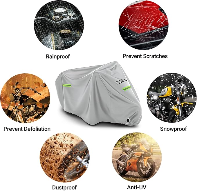 Favoto Motorcycle Cover Waterproof Outdoor - Cool Silver Color UV Protection with Reflective Strip Windproof Buckle Lock-Hole Storage Bag Fit 104 inch Vehicle Motorbikes