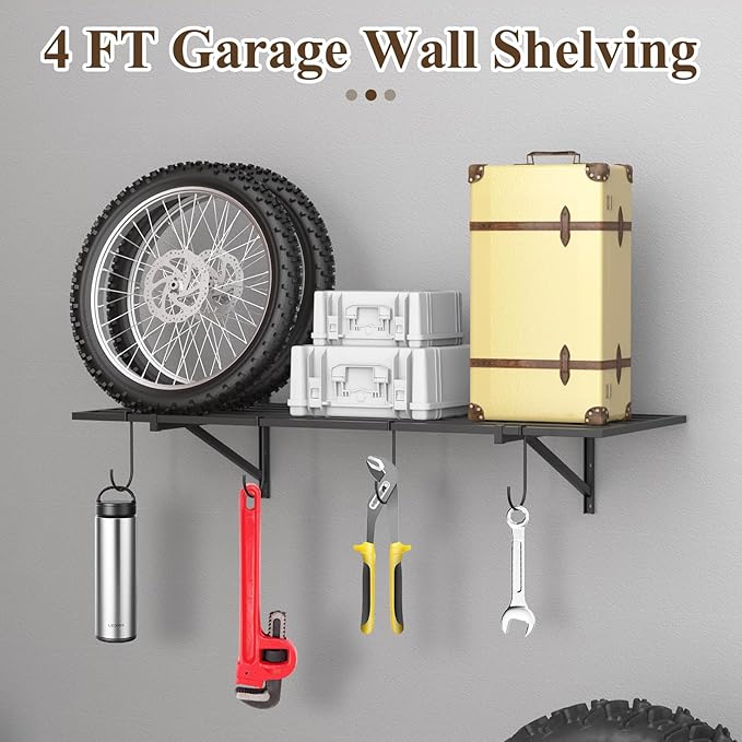 PEKGRIL Garage Wall Shelving Set of 2, 1.5X4 ft Garage Wall Shelves with 8 Hooks, Heavy Duty Wall Mounted Storage Shelf, Loads 260 lbs Each Metal Wall Shelf, Black