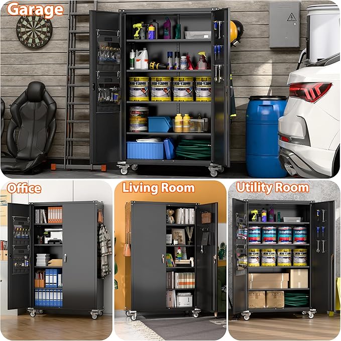 72" H Wide and Deep Garage Storage Cabinet with Wheels & Pegboard, Large Locking Metal Storage Cabinet with 2 Doors and 4 Adjustable Shelves for Garage, Home, Assembly Required, Black