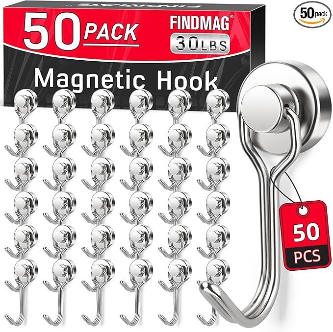FINDMAG 50 Pack Magnetic Hooks, 30 LB+ Magnet Hooks for Refrigerator, Strong Neodymium Magnets with Hooks, Magnetic Hooks Heavy Duty for Cruise, Kitchen, Classroom, Beach Essentials, Silver