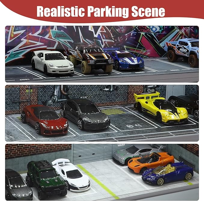 Display Case for Hot Wheels: Stackable Parking Garage for 1/64 Scale Matchbox Toy Car, FoamBoard Storage for Monster Trucks with LED Light and Acrylic Cover, Red Factory