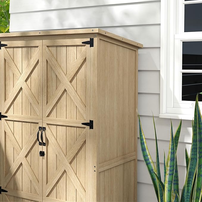 Wooden Garden Shed, Outdoor Storage Cabinet with Waterproof Asphalt Roof, Narrow Tool Shed with Shelves and Lockable Doors, Natural