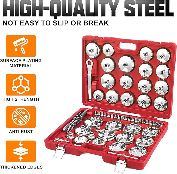 Auto Oil Filter Socket Wrench Set, Cup Type 1/2 inch Drive Cap Removal Tool, with Drain Plug Socket Set/Adjustable/Drive, Compatible, all Models Car, SUV, Oil Filter (58, RED)