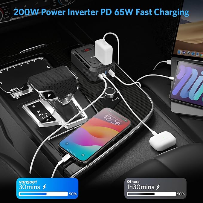 200W Car Power Inverter DC 12V to 110V AC Inverter with PD 65W/30W USB C & 2 QC 18W USB Ports & 2 AC Outlets,Car Pluɡ Adapter Outlet for Laptop/Phone/Road Trip