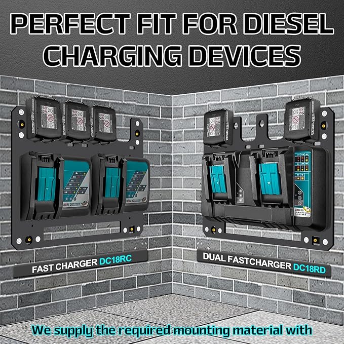 FETESNICE Metal Charger Mount for Makita Battery Holder and DC18RC DC18RD Charger,Stable for Makita Wall Mount Charger,1-4-Slot Battery Storage Rack for Makita,Order in Workspace and Garage