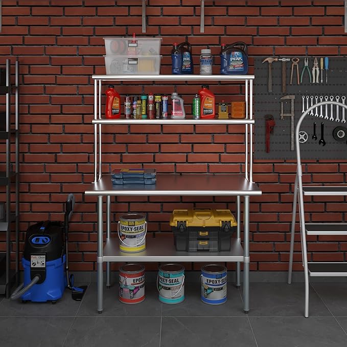 Amgood Stainless Steel Work Table Wide Double Tier Overshelf | NSF | Metal Kitchen Prep Table & Shelving Combo (24" x 48" Work Table + 12" Overshelf)