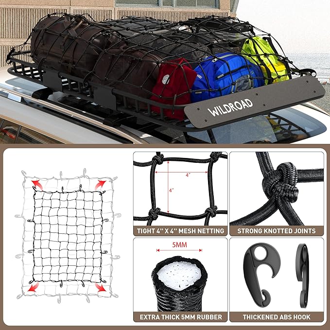 WILDROAD Car Roof Cargo Carrier Combo of Upgraded 64"x 39"x 4" Roof Rack Cargo Basket, Super Duty Bungee Cargo Net. Universal Car Top Luggage Holder Carrier Basket Fits for SUV Truck Cars