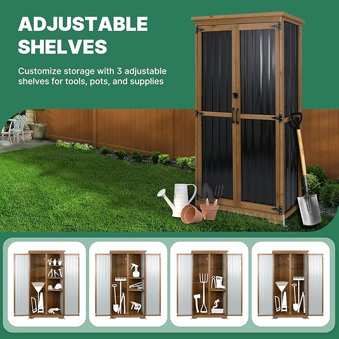 Outdoor Storage Cabinet Wood & Metal, Tall Tool Shed with Weatherproof, Double Lockable Doors, Removable 3 Shelves, Adjustable Feet for Patio, Garden, Backyard, Lawn, 32" x 15.5" x 66" (Brown)