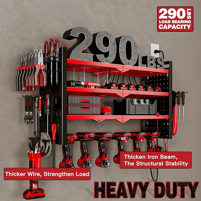 Power Tool Organizer Wall Mount with Charging Station 4 Layer 6 Slot Cordless Drill Holder with Angle Grinder Holder (Red)