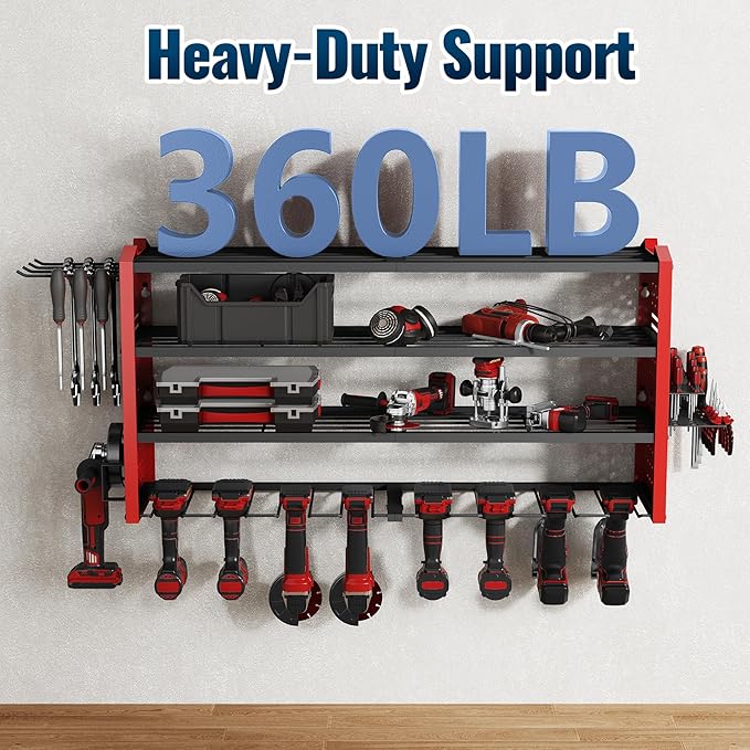 Tomorotec Wall-Mounted Power Tool Storage Rack for Drill, Toolbox & Accessories, Heavy-Duty Steel Organizer with Side Hooks and Adjustable Shelves, Easy Installation Garage & Workshop Storage (Red)