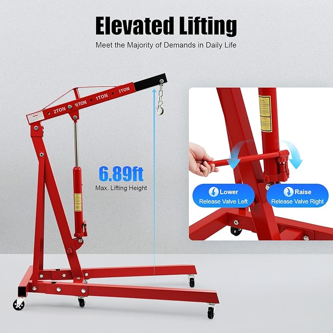 Folding Engine Hoist 1 Ton Engine Crane Lift with 6 Caster Wheels 2200LBS Steel Hydraulic Engine Crane 4 Adjustable Positions for Car Fixing Workshops Garages Warehouse(Sent in 2 Packages)