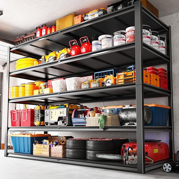REIBII 78" H Garage Shelving, Storage Shelves Heavy Duty Load 3000LBS, Adjustable Heavy Duty Shelving, 5 Tier Metal Shelving Unit for Storage Rack, Basement, 55" W x 26" D x 78" H, Black