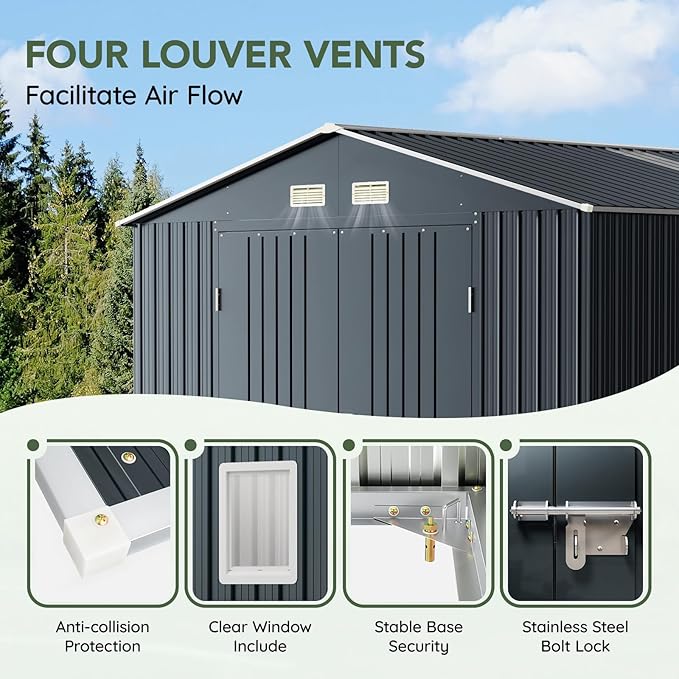 10x12 FT Outdoor Metal Storage Shed with Floor Frame, Double Swing Doors, 2 Clear Windows, Replaceable Skylight Roof Panel, Tool Shed for Garden, Patio, Backyard