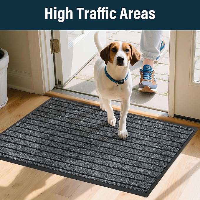 LotFancy 30" x 17" Set of 2 Front Door Mat for Indoor Outdoor Entrance, Dirt Traper Low Profile Easy Clean Doormat, Non Slip Welcome Mats for Patio Porch Garage Entryway, Dark Gray