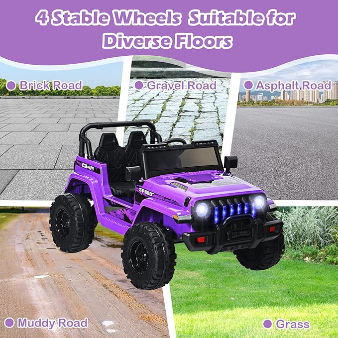 INFANS Kids Ride on Car Truck with 2.4G Remote Control, 12V Battery Powered Electric Cars for Kids w/3 Speeds, Battery Display, LED Lights, Safety Belt, Music & Horn, Bluetooth/FM/USB (Purple)