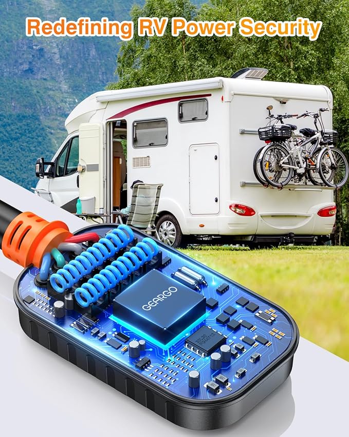 GEARGO RV Surge Protector 50 Amp, Latest 18000J Surge Protection RV Circuit Analyzer, RV Adapter Plug for Camper with Waterpoof Cover, Plug and Play（Orange）