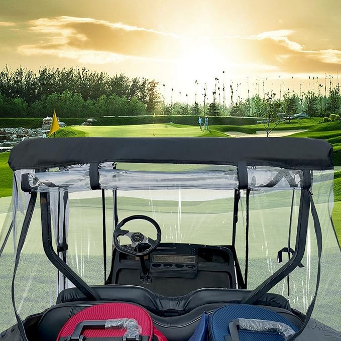 Golf Cart Enclosure Fit for EZGO TXT EZGO RXV 2 Passenger 2-Person Seaters Waterproof Transparent Driving Rain Enclosure Cover 4-Sided Clear Window Roll-up Zipper Door Black