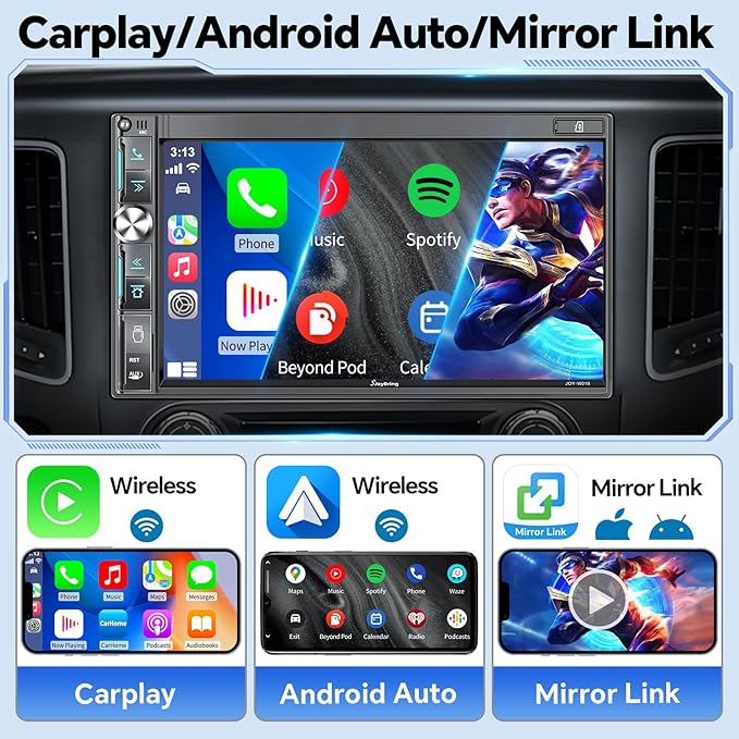 QLED Double Din Car Stereo with Dash Cam & Backup Camera, Wireless Apple CarPlay & Android Auto, Bluetooth, 4.2-Ch 2 Subwoofers Outputs, 7" QLED Touchscreen, MirrorLink, FM/AM Radio