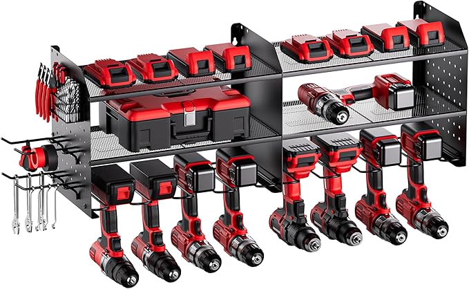 TRZZ 2-in-1 Power Tool Organizer Wall Mount, 3-Layer Drill Holder with 2 Side Pegboards, 8 Drill Holders, 4 Hooks, and 1 Drill Bit Rack, Tool Storage for Garage, Workshop, and Tool Room (Black)