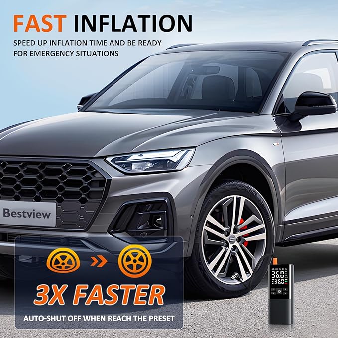 Bestview Tire Inflator Portable Air Compressor-150PSI Air Compressor 4X Faster, Equipped with Digital Pressure Gauge and LED Light,Suitable for Cars, Bicycles, Motorcycles and Ball Sports Equipment