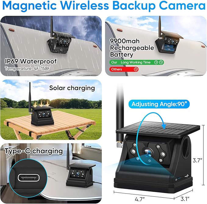 Magnetic Solar Wireless Backup Camera System with 7" IPS Touchscreen Monitor, 2K Rechargeable Auto On Off Rear View Camera with DVR Loop Recording for RV, Camper, Trailer, Trucks