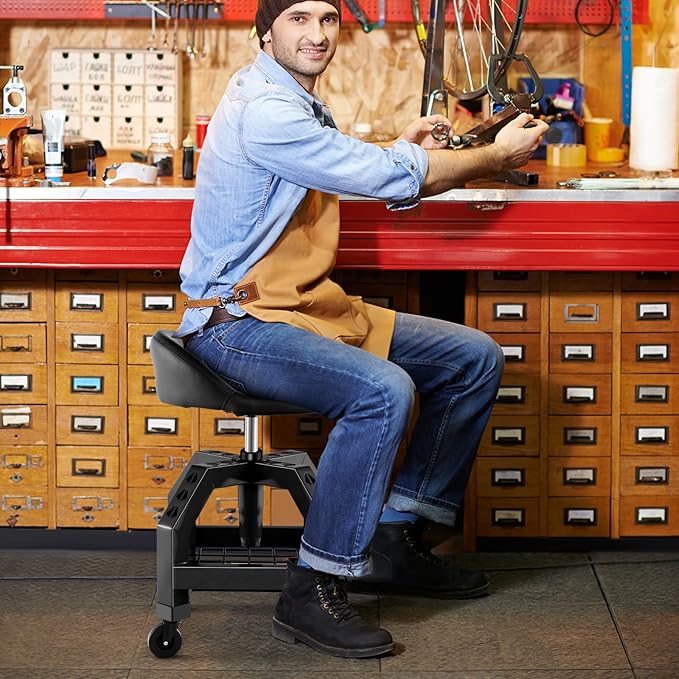 Goplus Rolling Garage Stool, 22.5”-27.5” Adjustable Mechanic Chair with Padded Seat, 330LBS Capacity, Tool Tray, Heavy Duty Creeper Seat, 360° Swivel Shop Stool for Workshop
