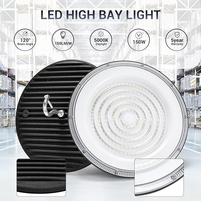 150W UFO Led High Bay Light,120VAC,21050LM 5000K Daylight Area Lighting,IP66 Waterproof 650W MH/HPS with Plug Commercial Bay Lighting for Warehouse/Shop/Workshop/Barn/Gym/Factory